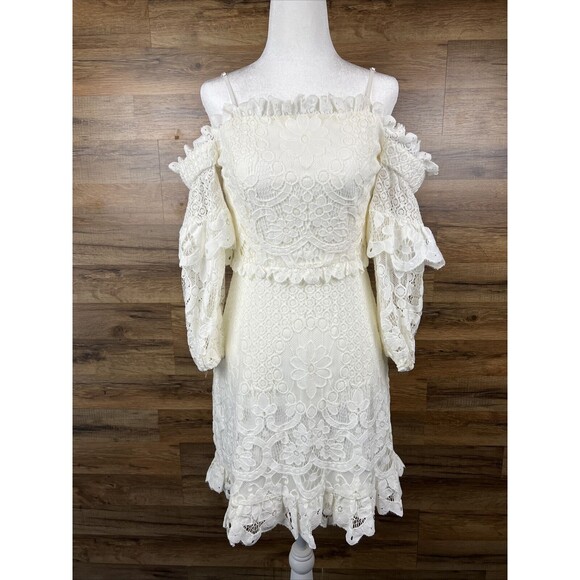New Coquette Dress Parker Irma Sz 4 Lace Overlay Off the Shoulder White $228 - Picture 3 of 16